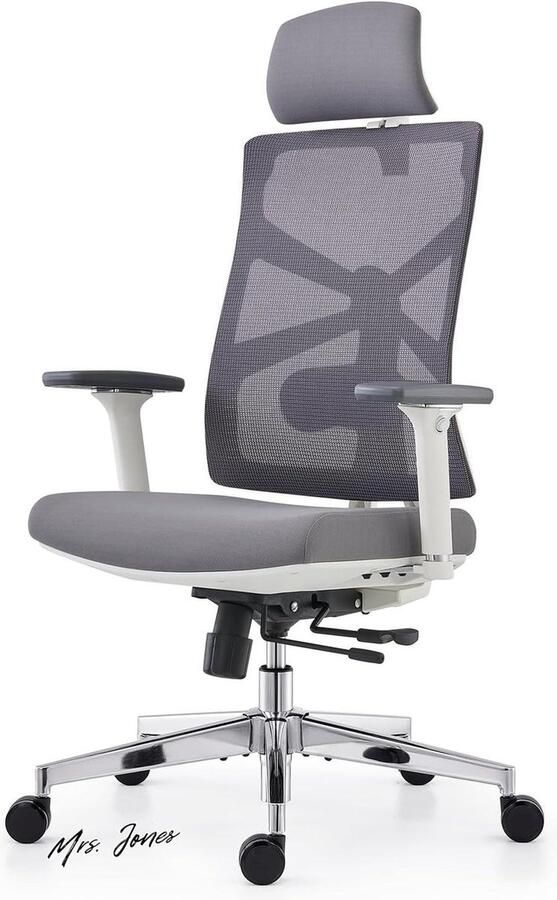Mrs. Jones Ergonomische bureaustoel adaptieve rugleuning hoge rugleuning verstelbare zitdiepte lendensteun 2D-hoofdsteun draaibare taakstoel wit