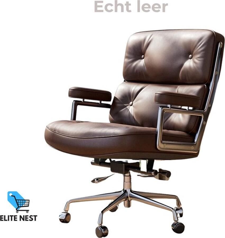 Mrs. Jones Ergonomische Bureaustoel Echt Leer Aluminium Basis 360° Draaibaar Bruin Luxe Comfort Verstelbare Kanteling en Hoogte Voor Stijlvol Gebruik