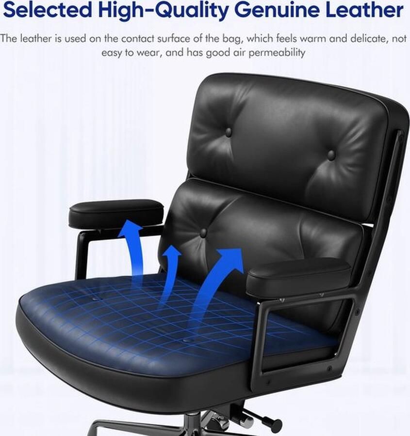 Mrs. Jones Ergonomische Bureaustoel Game stoel Echt leer Rugleuning kantelbaar tot 125 graden 360 graden draaibaar zwart