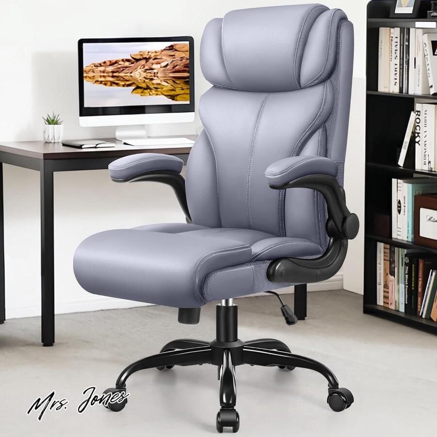 Mrs. Jones Ergonomische bureaustoel grote en hoge thuiskantoorstoel met inklapbare armleuningen en kantelfunctie FelixKing Directiestoel PU-kunstleer draaistoel (mat grijs)