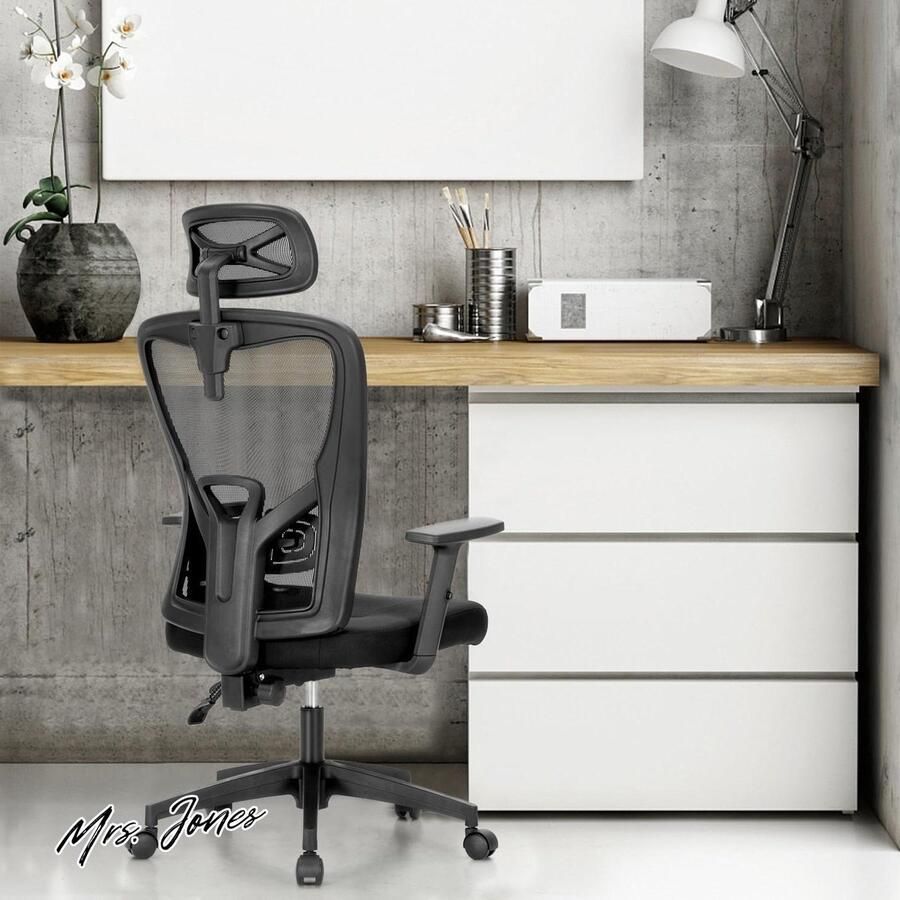 Mrs. Jones Ergonomische Bureaustoel Hoge Rug Mesh Computer Stoel Task Stoel met Verstelbare Hoofdsteun Armsteun en Lumbale Ondersteuning Werkstoel Draaistoel Executive Stoel Thuiskantoor Comfortabele Zitting Verstelbaar