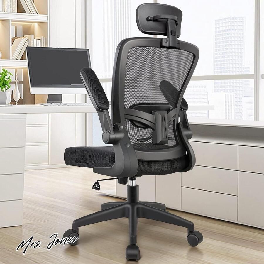 Mrs. Jones Ergonomische Bureaustoel Hoge Rug Verstelbare Hoofdsteun Lendensteun Armleuningen 136 kg Zwart