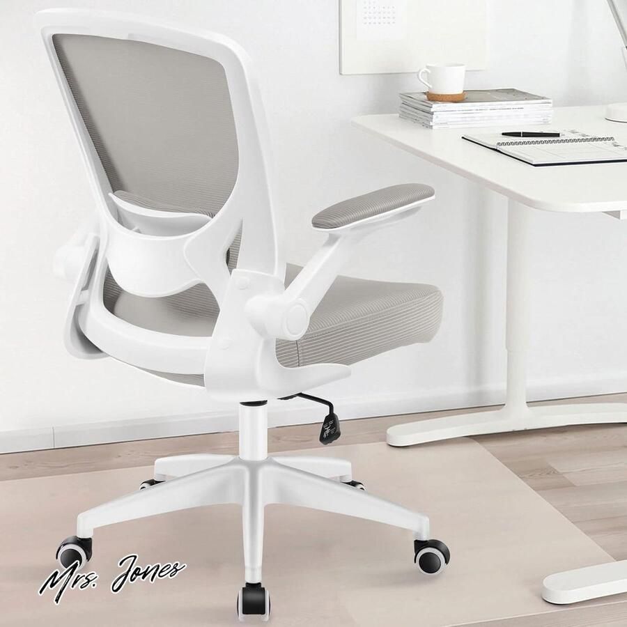 Mrs. Jones Ergonomische bureaustoel inklapbare armleuningen 360° draaistoel mesh computerstoel lichtgrijs KERDOM 9060