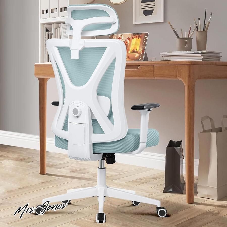 Mrs. Jones Ergonomische bureaustoel lendensteun verstelbare armleuningen netstof hoge rugleuning comfortabel kantoor thuis lichtblauw