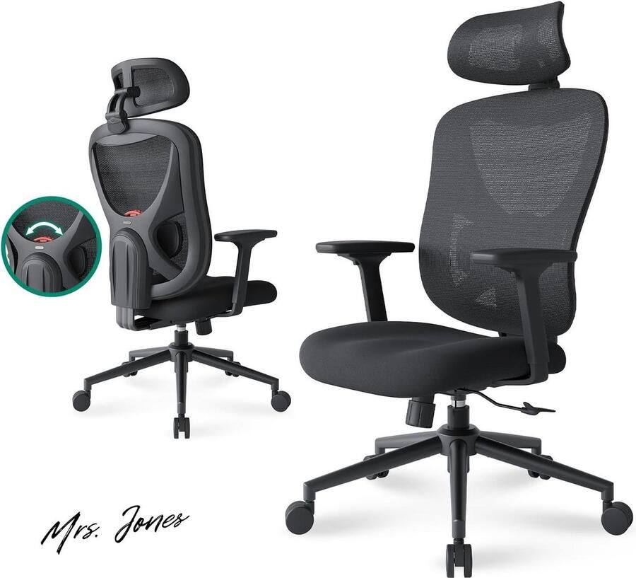 Mrs. Jones Ergonomische bureaustoel met 3D-lendensteun verstelbare hoofdsteun draaibare bureaustoel Zwart