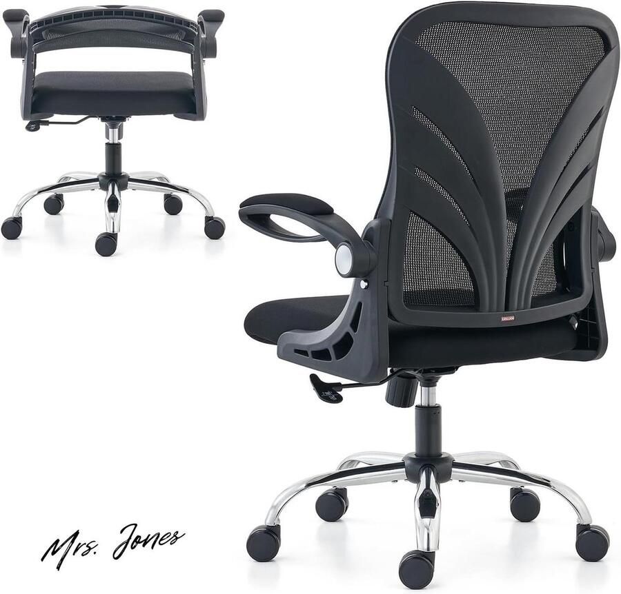 Mrs. Jones Ergonomische bureaustoel opvouwbare rugleuning grote hoge bureaustoel zwart mesh lendensteun kantelfunctie bureaustoel computerbureaustoel opklapbare armleuningen