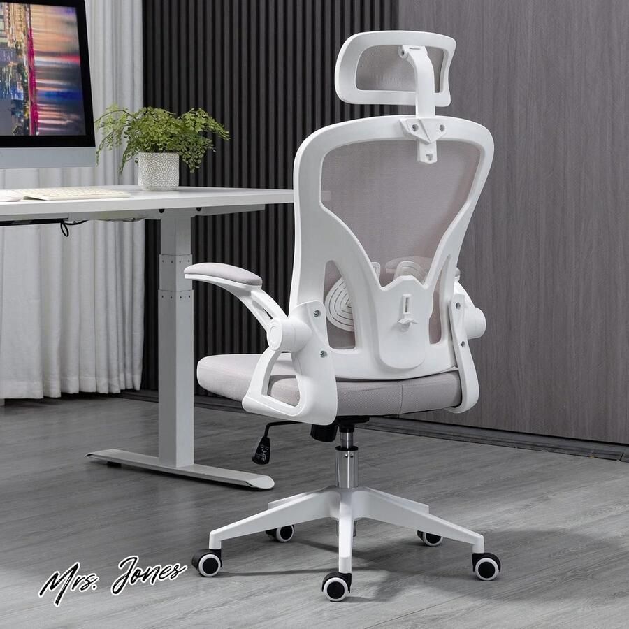 Mrs. Jones Ergonomische bureaustoel van mesh lendensteun inklapbare armen verstelbaar ademende rugleuning comfortabel kussen stille wielen bureaustoel lendensteun