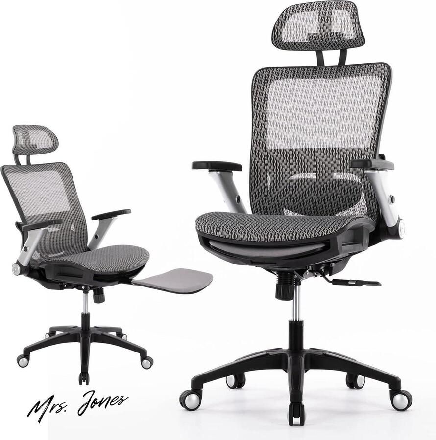 Mrs. Jones Ergonomische bureaustoel van netstof met voetensteun hoge rugleuning en hoofdsteun 4D-opklapbare armleuningen instelbare kantelvergrendeling en lendensteun voor comfort grijs