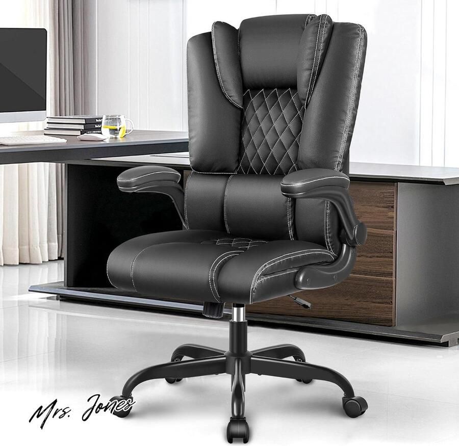 Mrs. Jones Ergonomische bureaustoel verstelbare rugleuning inklapbare armleuningen hoge rugleuning 360 graden draaibaar lendensteun zwart