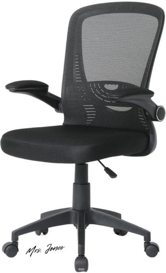 Mrs. Jones Ergonomische bureaustoel Wave Draaistoel ademende mesh-zitting verstelbare vaste armleuningen robuuste houder van nylon comfortabel zwart