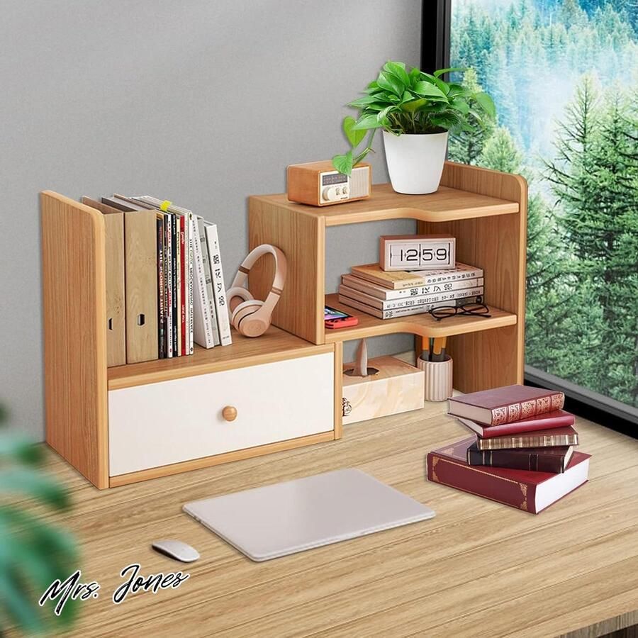 Mrs. Jones Essence Collection Boekenrek bureauorganizer van hoogwaardig MDF Houtkleur Met lade