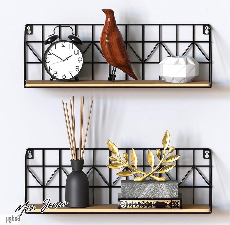 Mrs. Jones Essence Collection Industrieel Zwart Metaal Houten Wandrek Set 2 wandplanken-Boekenrek-45x12x15cm
