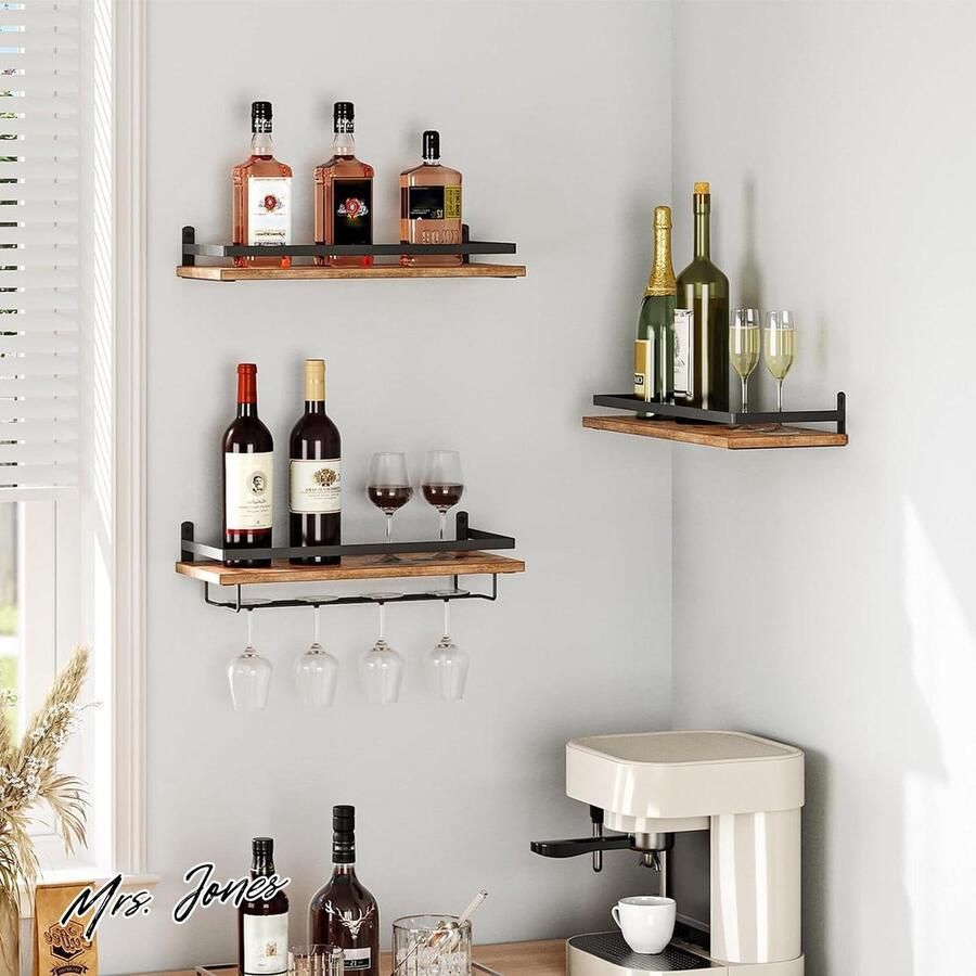 Mrs. Jones Essence Collection Wandgemonteerde wijnplanken Zwevend 3-pack Voor wijnglazen en flessen