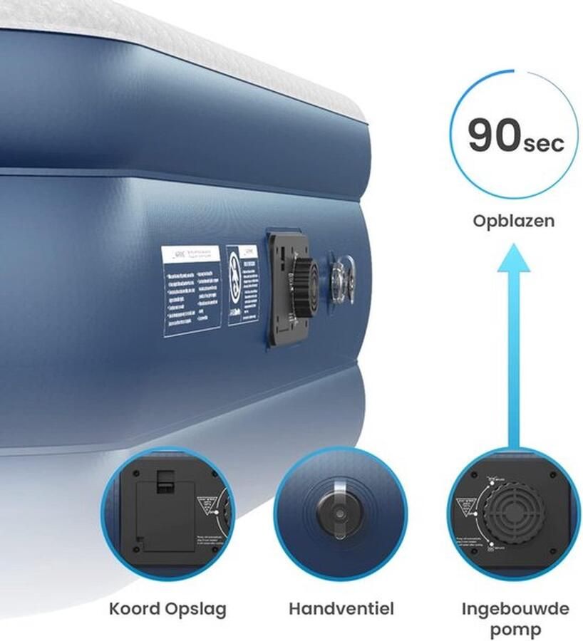 Mrs. Jones Extra Hoog 2 Persoons Luchtbed Geïntegreerd Kussen & Ingebouwde Elektrische Pomp- Lucht Matras 187x99x53cm Waterdicht Luchtmatras Blauw Wit