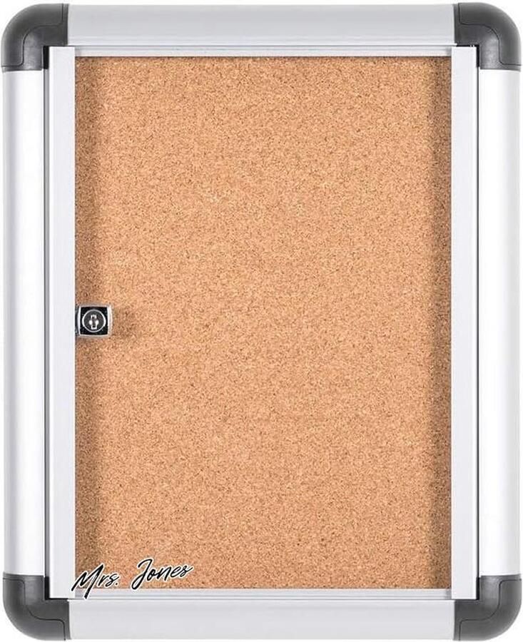 Mrs. Jones Extra Vitrinekast Kurken Oppervlak Geanodiseerd Aluminium 1xA4 Verticaal Stand Alone Standaard Glamour Stijlvol Diamant Bevestigingsopties