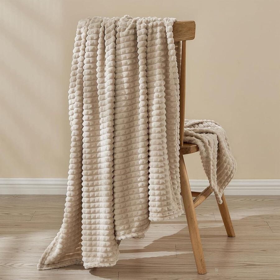 Mrs. Jones Fleece deken tweepersoons luxe flanel bank bed sofa stoel zachte pluche warme gezellige deken geometrisch rasterontwerp beige 150 x 200 cm