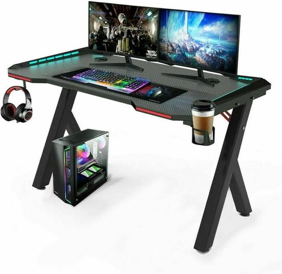 Mrs. Jones Game bureau Gamebureau met LED Bekerhouder Koptelefoon Haak USB Ergonomisch ontwerp 100x60CM Zwart