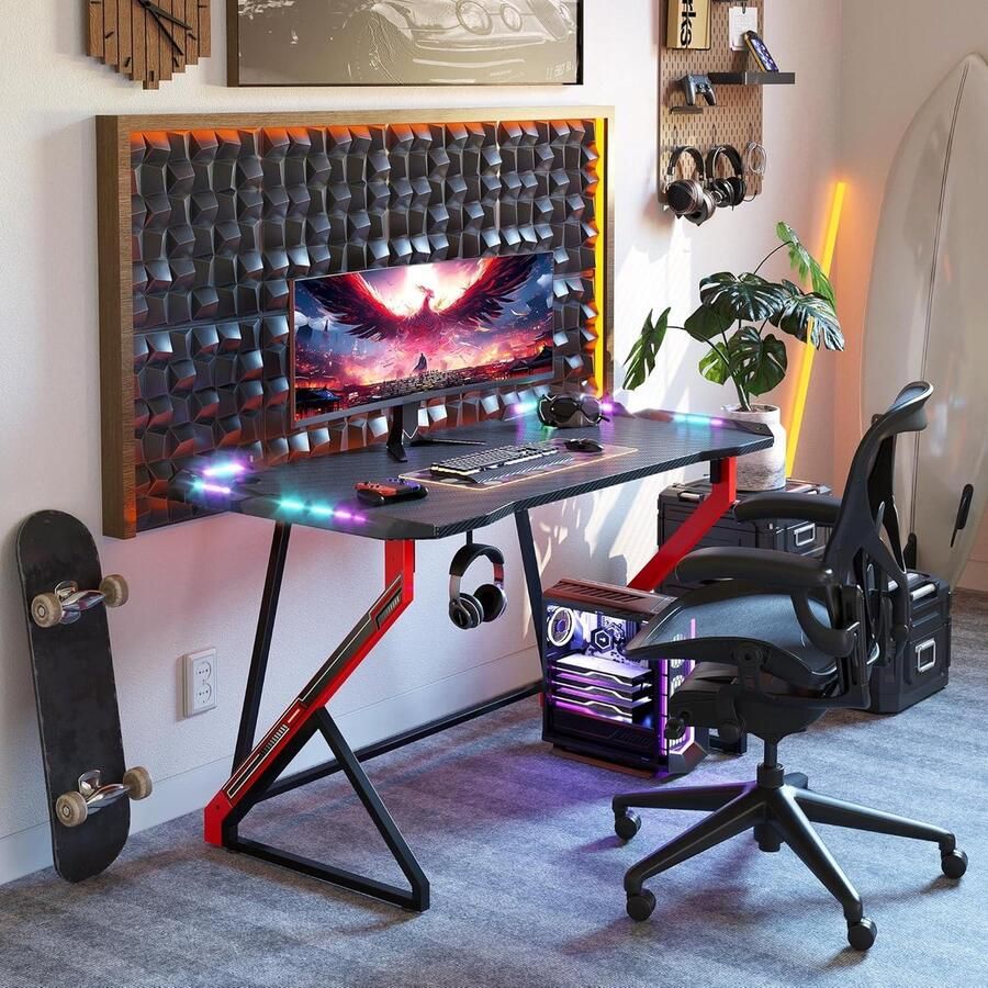 Mrs. Jones Gaming Bureau LED Pantser 100x60cm Ergonomisch Computerbureau Esport Gamer-tafel Koolstofvezel Z Frame Stabiel Hoofdtelefoonhaak Eenvoudig te Monteren Spelen Studeren Werken Thuis Kantoor