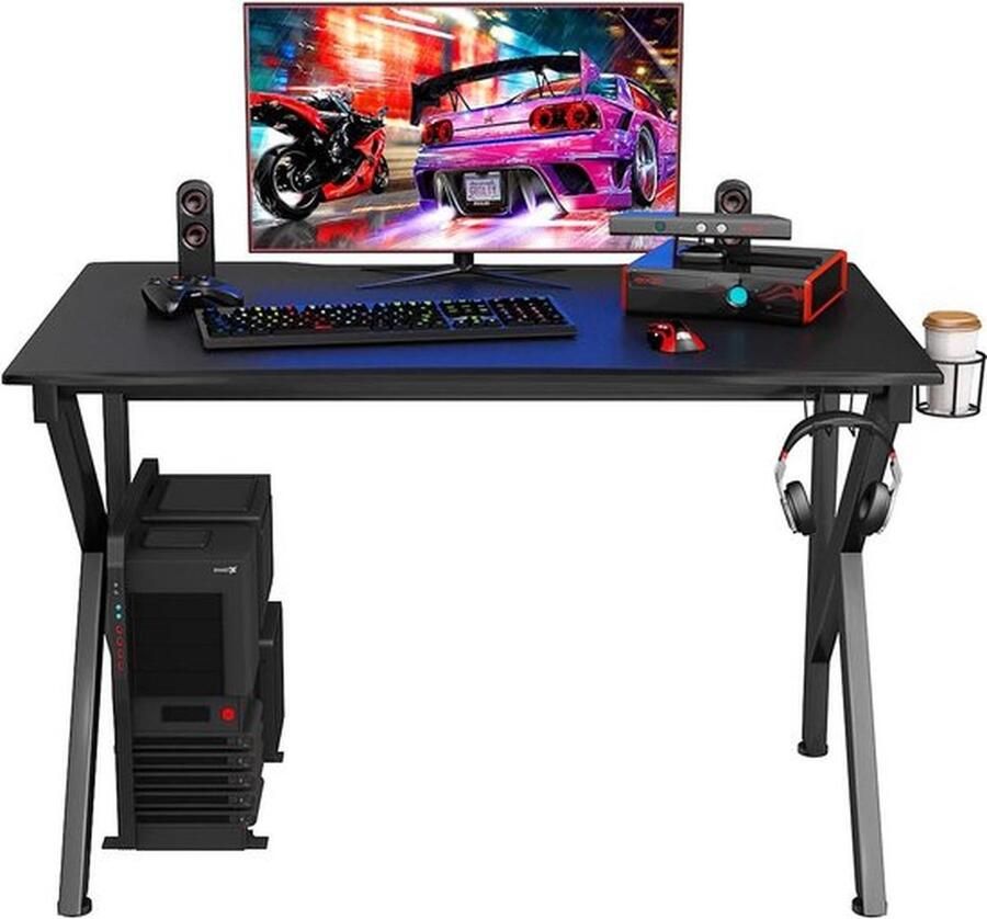 Mrs. Jones Gamingtafel 115 cm K-vormige gamingtafel met hoofdtelefoonhaak en bekerhouder en kabelbeheer ergonomische computertafel met verstelbare voeten bureau pc-tafel voor e-sport staal