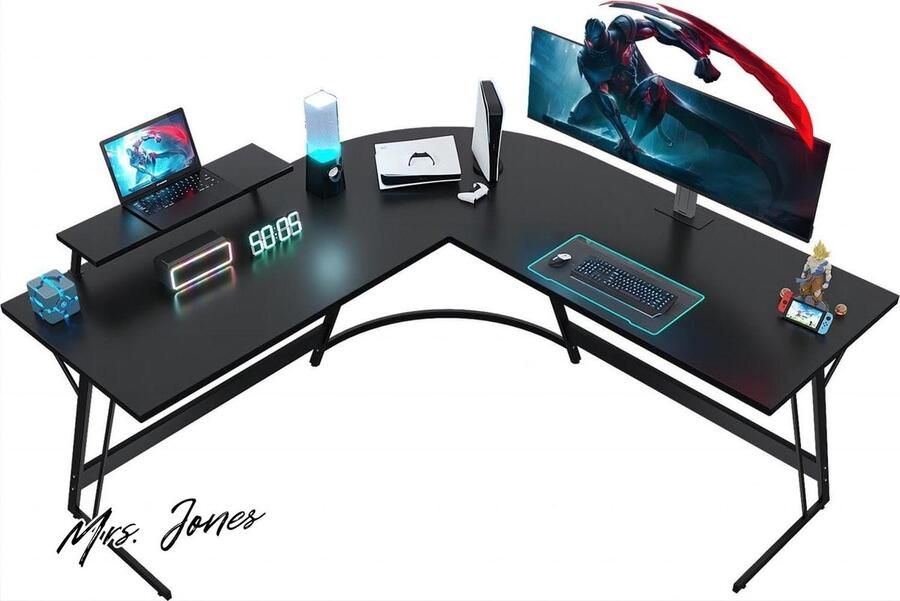 Mrs. Jones Gamingtafel 130 x 130 x 75 cm met monitorstandaard hoekbureau L-vormig groot pc-hoektafel zwart
