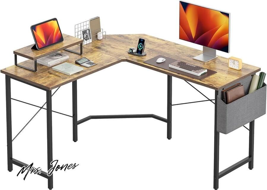 Mrs. Jones Gamingtafel hoekbureau 120 x 120 cm voor gaming met monitorstandaard zijdelingse opbergtas L-vorm computertafel vintage bruin