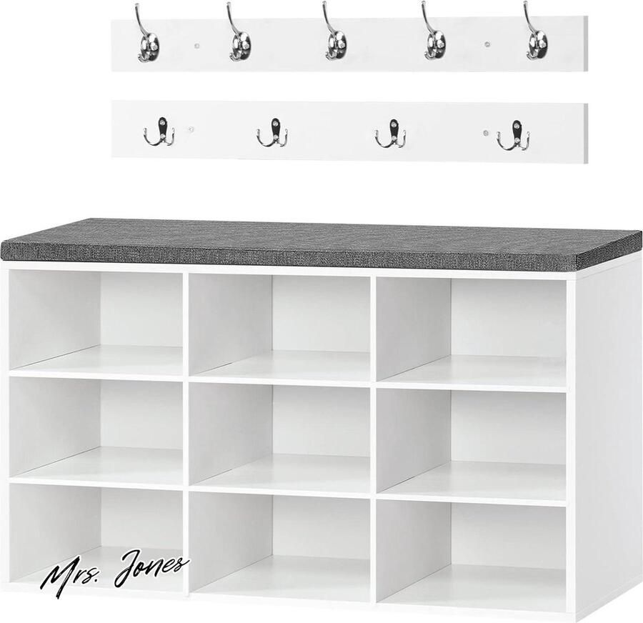 Mrs. Jones Garderobeset Hoobro Schoenenrek Schoenenbank Zacht Beklede Zitbank 9 Vakken Wandgarderobe 9 Haken Schoenenkast Gang Entree Slaapkamer Wit EWT89HX01
