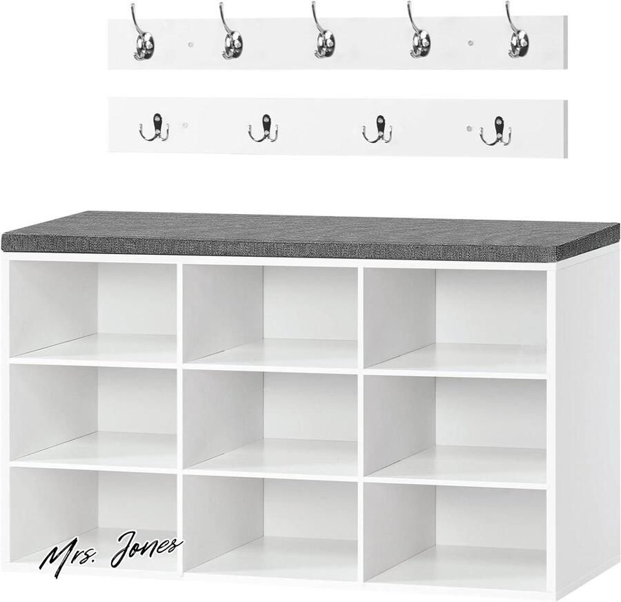 Mrs. Jones Garderobeset met 9 vakken zacht beklede zitbank wandgarderobe 9 haken schoenenkast gang entree wit EWT89HX01