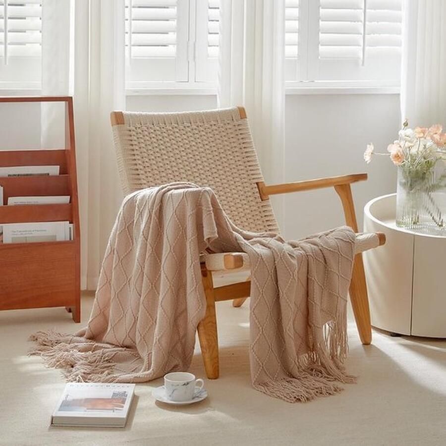 Mrs. Jones Gebreide deken met kwastjes 130 x 150 cm warme kaki zachte lichte boho geruite woondeken knuffeldeken gebreide deken sprei decoratieve deken voor bed bank stoel