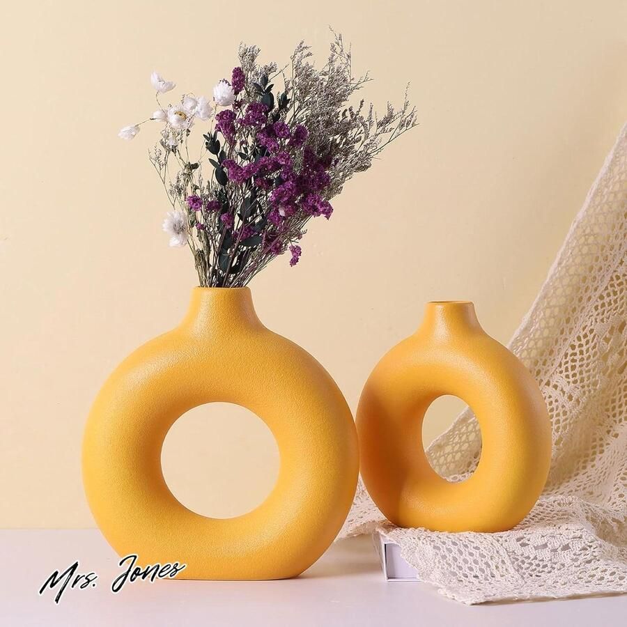 Mrs. Jones Gele keramische vaasset van 2 voor huisdecoratie ronde boho-vaas pampasgras bloemen moderne woonkamer slaapkamer open haard boerderij centerpieces