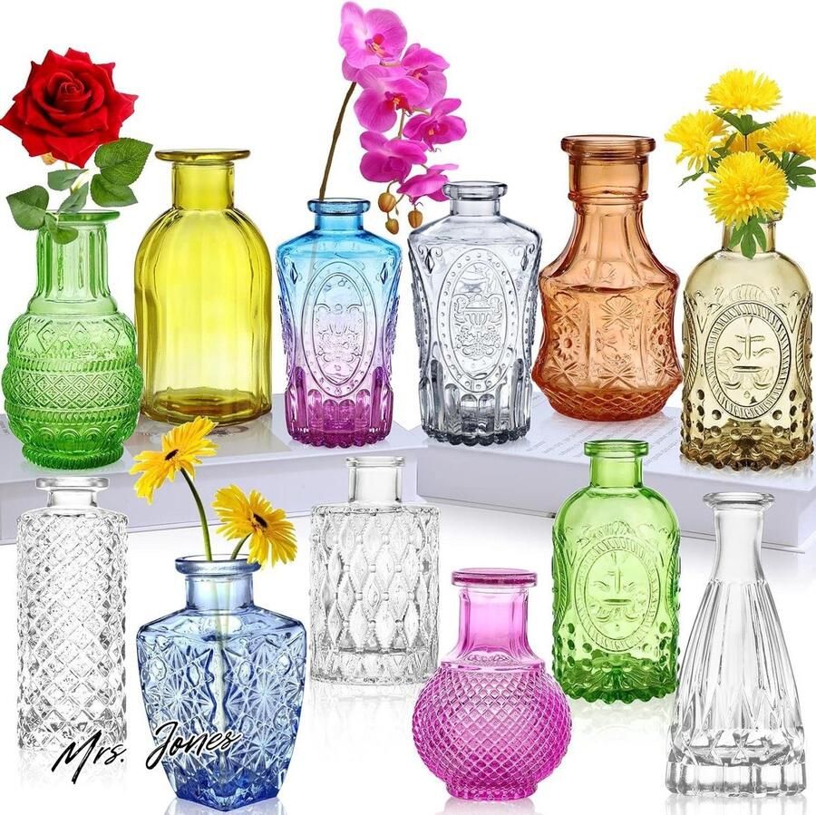 Mrs. Jones Glazen Bud Vazen Set van 12 Kleine Vazen voor Bloemen Gekleurde Enkele Knop Vazen in Bulk Mini-decor Rustieke Vazen voor Centerpieces Vintage Glazen Flessen voor Bruiloft Thuis Tafel Cadeauset