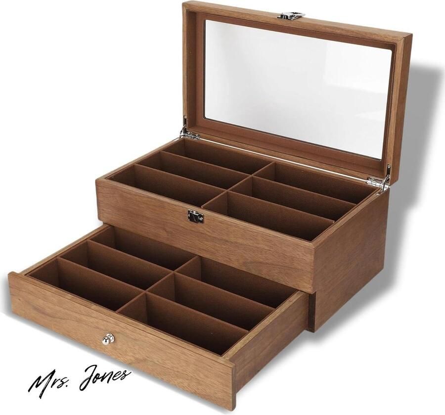 Mrs. Jones Glazen Doos 12 Slots Houten Dubbellaags Glazen Vitrine Organizer Decoratie Display Opslag