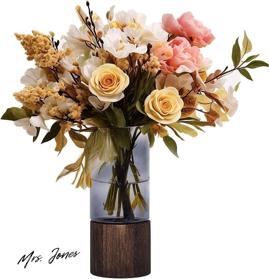 Mrs. Jones Glazen vaas houten sokkel Cilindrische vaas bloemen moderne helder glas woonkamer slaapkamer keuken thuiscentrum kantoor bureau decoratie
