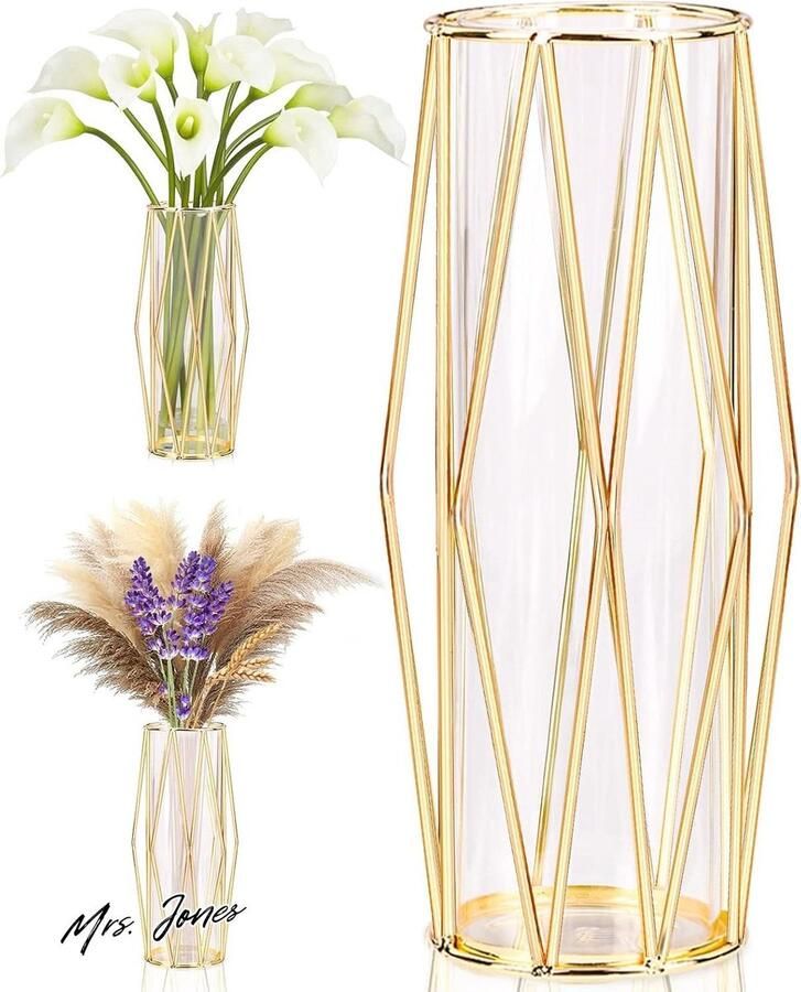 Mrs. Jones Gouden vazendecoratie voor pampasgras Scandinavische vaas met metalen frame voor bruiloft middelpunt of bureau 28 cm hoog