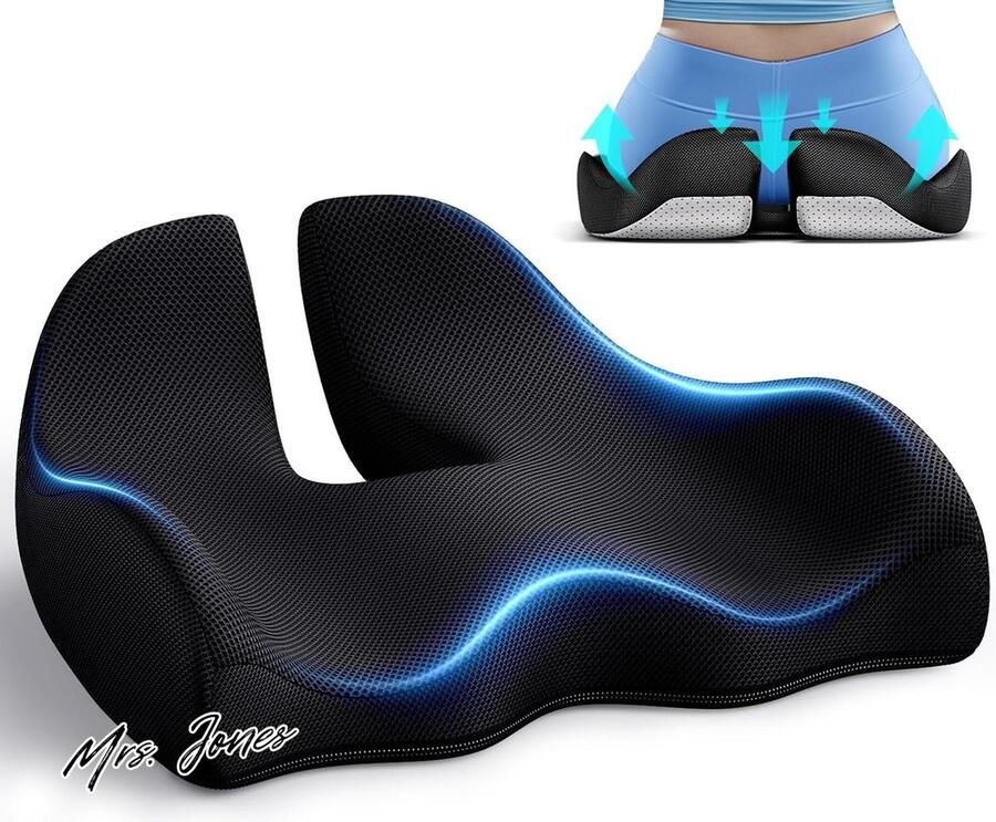 Mrs. Jones Groot geheugenkussen ergonomische kussens voor drukontlasting ischias en pijnverlichting traagschuim voor lang zitten voor gamestoel en autostoeltje zwart