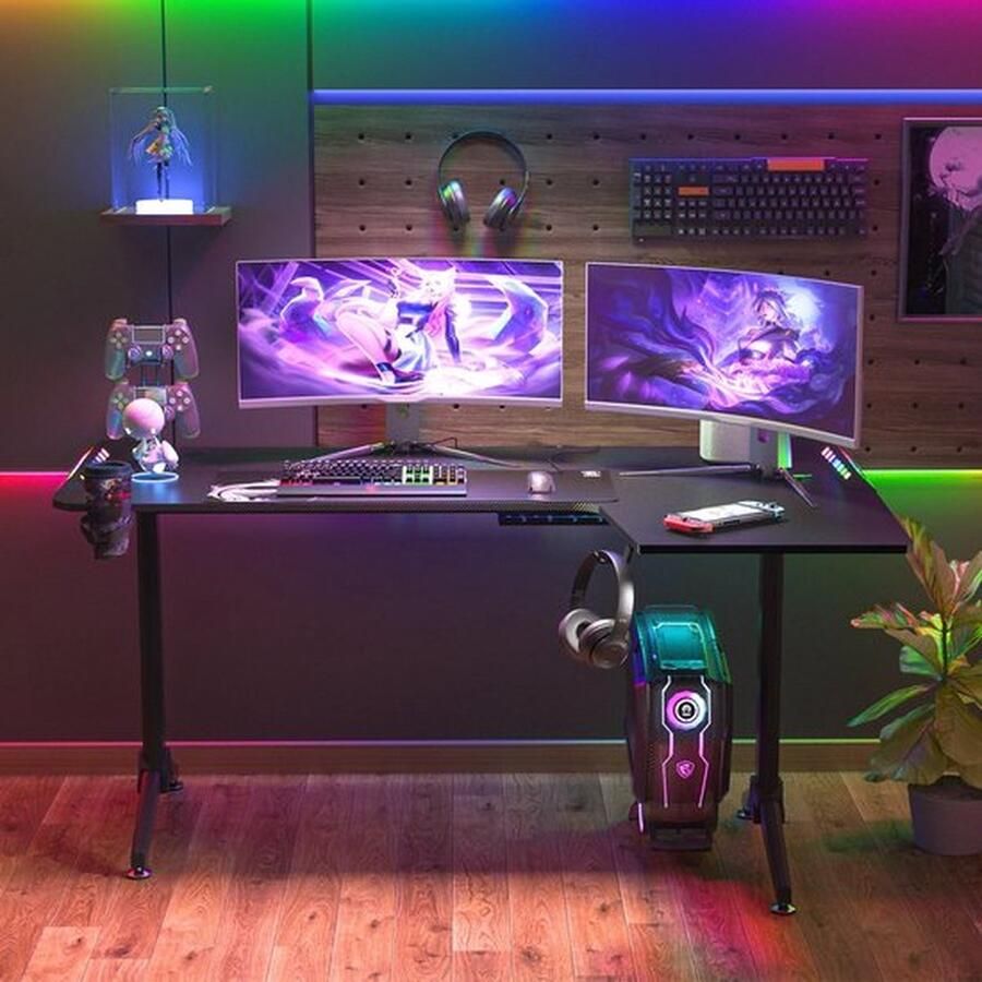 Mrs. Jones Groot L-Vormig staand Bureau 60 Inch Gaming Hoekbureau met Verstelbare Hoogte en RGB LED-Verlichting links