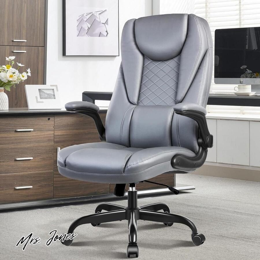 Mrs. Jones Grote Hoge Ergonomische Leren Bureaustoel Verstelbare Inklapbare Armen Hoge Rug Lendensteun Grijs