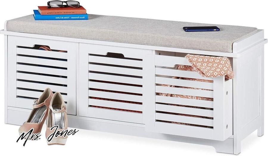 Mrs. Jones Halbankje met Opbergruimte 3 Lades Zitbank Landhuisstijl Wit Schoenenbank 44x10x35 cm