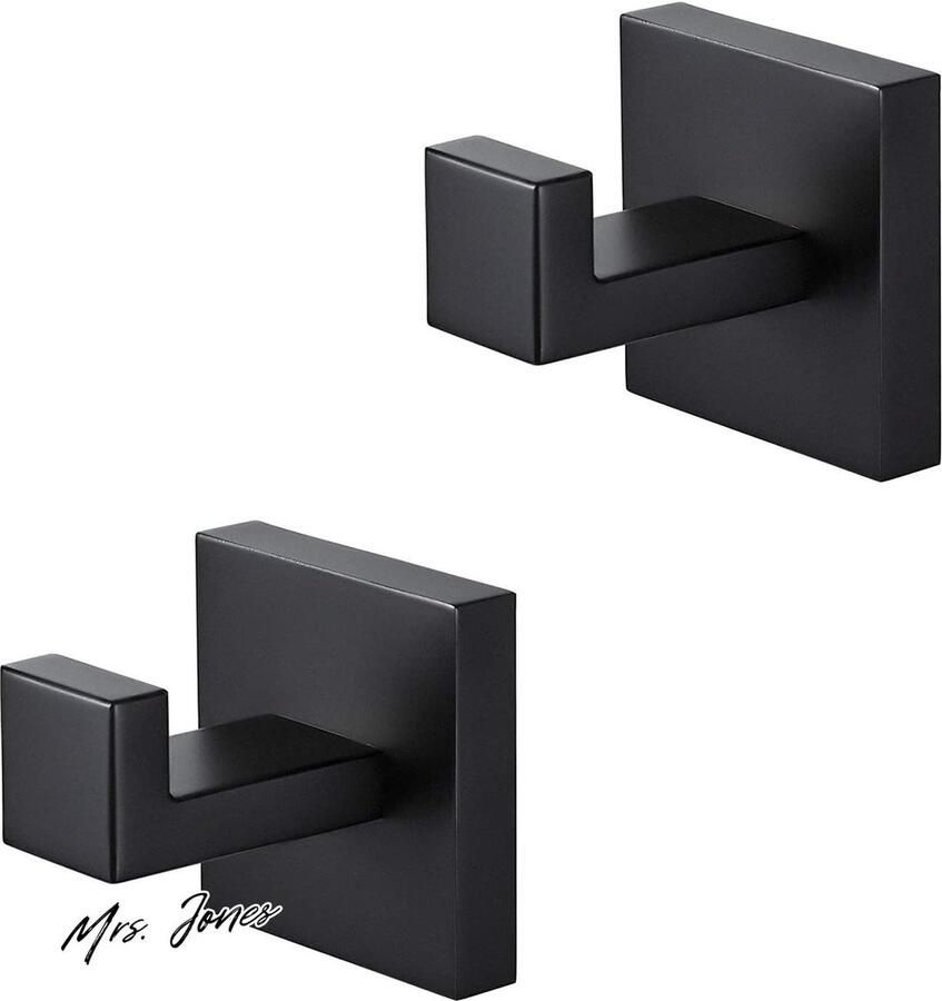 Mrs. Jones Handdoekhaken voor badkamers kleding kast sponzen gewaad haak schroef in metalen kapstok voor badkamer keuken hotel garage roestvrij stalen deurhanger wandmontage 2 stuks afwerking (zwart)
