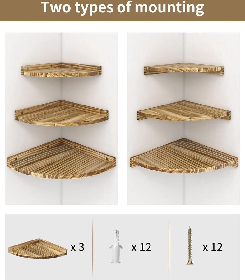 Mrs. Jones Hangende hoekplank houten vintage zwevende planken 3-delige set rustieke hoekplanken voor wand boekenkast met ronde en zwevende plank voor badkamer keuken slaapkamer woonkamer Hoekplank set Zwevende planken Vintage houten planken