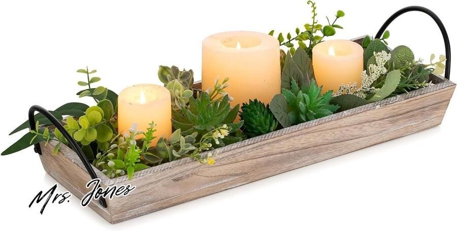 Mrs. Jones Hanobe rustieke houten kaarsenbak rechthoekige tafel centerpieces eetkamer boerderij pijlerstandaard handvat tafeldecoratie lichtbruin