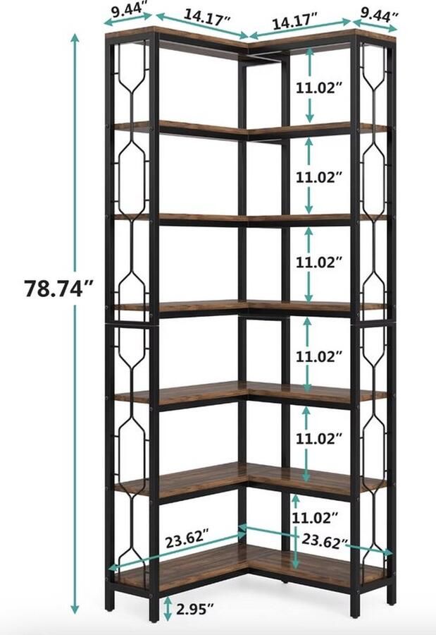 Mrs. Jones Hoek Boekenkast Hoekkast Kast 7-laags Industrieel Hout en Metaal Bruin Zwart