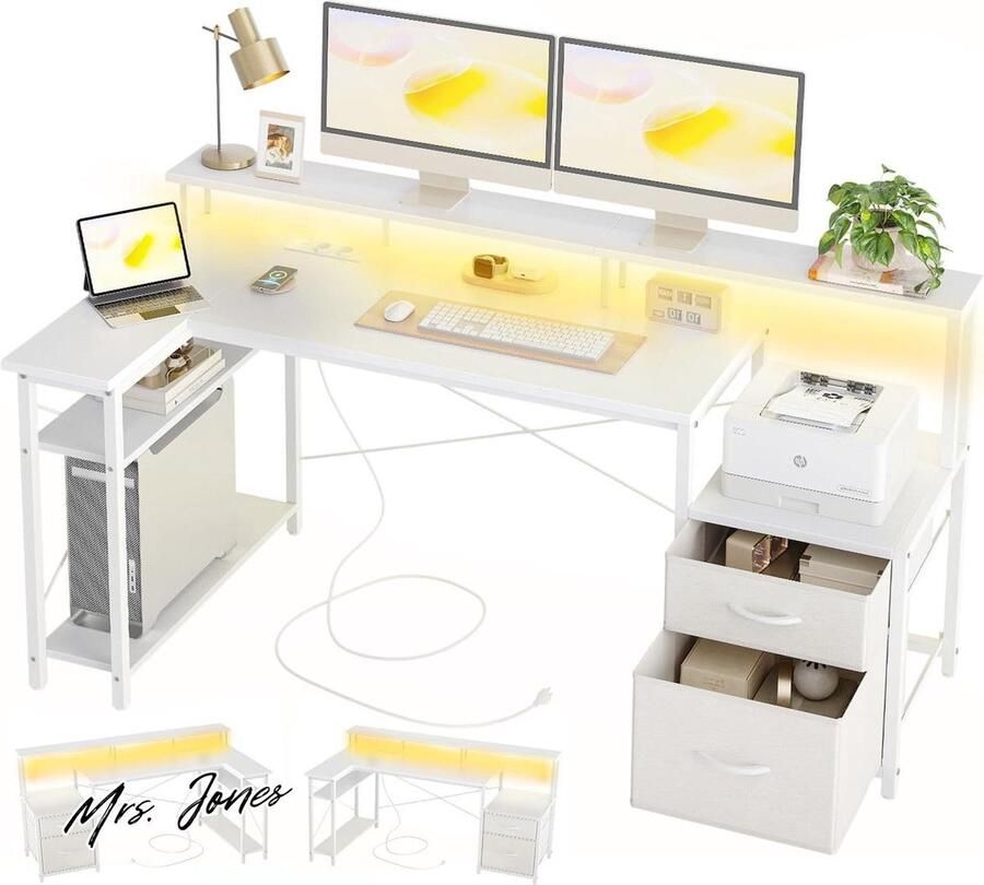 Mrs. Jones Hoekbureau met LED Stopcontacten 165x80cm Ergonomisch L-vormig Bureau 2 Laden Omkeerbare Opbergplanken Grote Monitorstandaard Moderne Schrijftafel voor Studie Werk Slaapkamer Salon Thuis