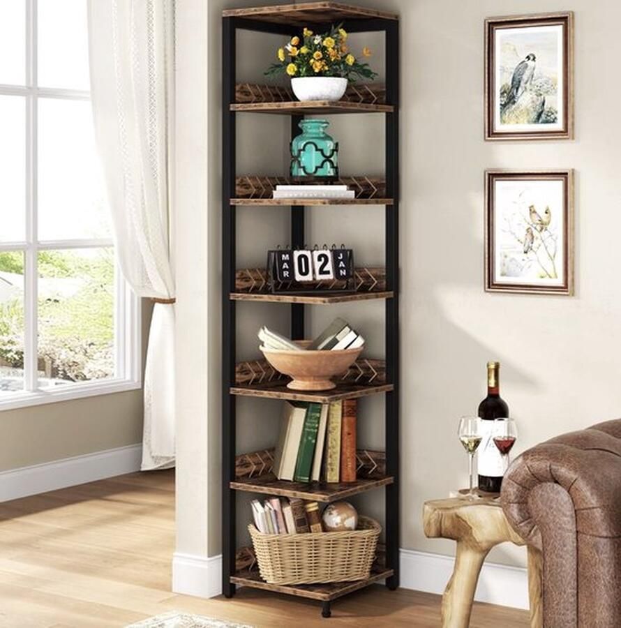 Mrs. Jones hoekkast Plankenkast Hoek Boekenkast hoek Industrieel Hout en metaal Bruin Zwart 40x40x195