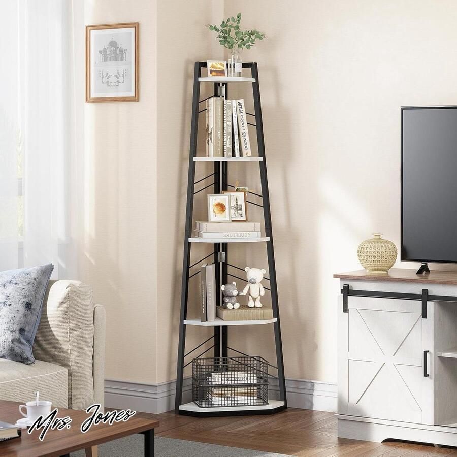 Mrs. Jones Hoekplank 5 niveaus industriële hoek boekenplank moderne staande hoek boekenkast ladder plank houten open display rekken unit voor woonkamer hal thuiskantoor witte boekenplank met opbergruimte planken