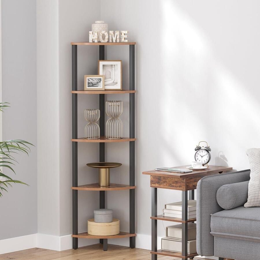 Mrs. Jones Hoekplank staand rek boekenkast met 5 niveaus ladderrek opbergrek plantenrek voor keuken woonkamer vintage bruin-zwart