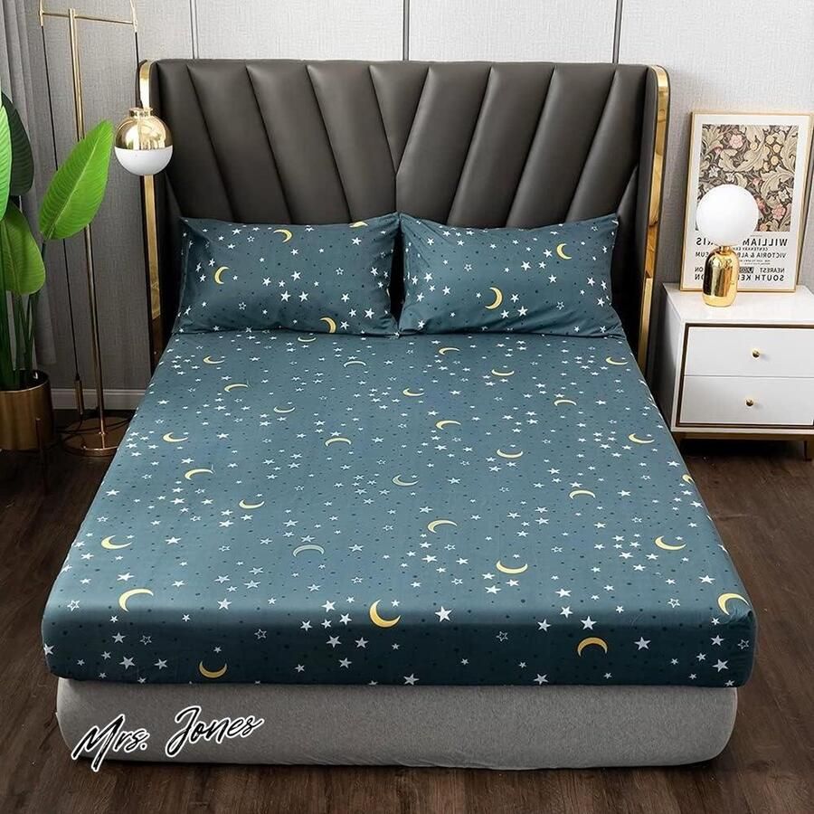 Mrs. Jones Hoeslaken 180 x 200 cm blauwe sterrenprint elastiek microvezel geschikt voor matrassen van 30 cm