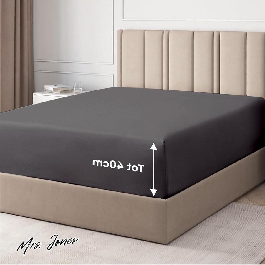 Mrs. Jones Hoeslaken 180x200 Donkergrijs 40 cm Diepte Luxueus en Ademend Bedlaken Past op Matrassen tot 40 cm Hoog Zacht Kreukvrij Enkele Van Verpakking