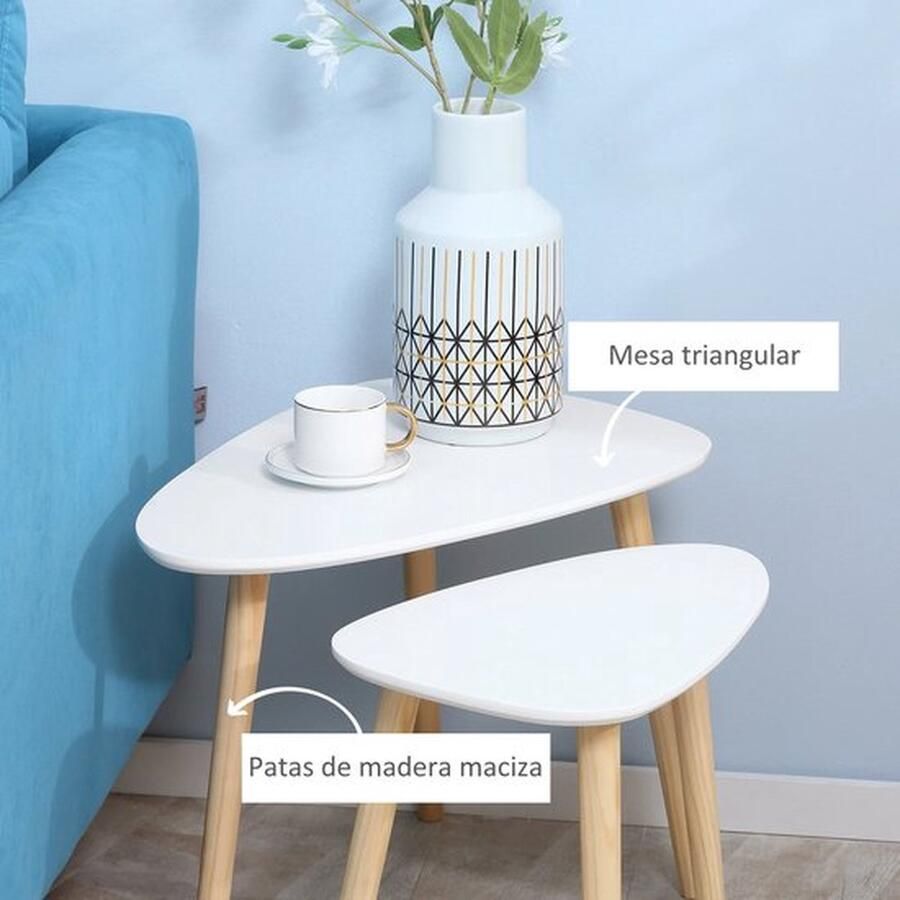 Mrs. Jones Homcom Bijzettafel Salontafel Set van 2 Witte Look Bijzettafel Woonkamer Tafel Houten Poten 59 5x39 5x45 cm