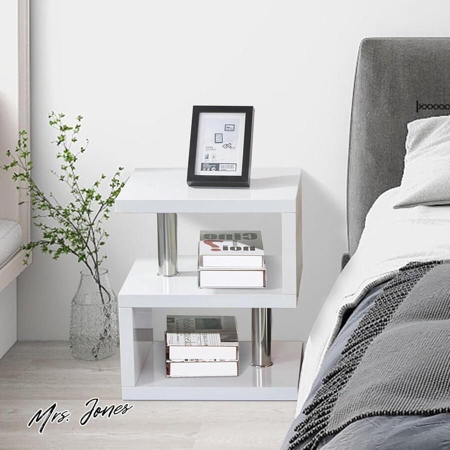 Mrs. Jones Hoogglans Salontafels Houten S-vorm Bijzettafel 2 Tier Opbergplanken Sofa End Nachtkastjes voor Woonkamer Kantoor Moderne Stijl Ruimtebesparend (44x38x52cm Wit)