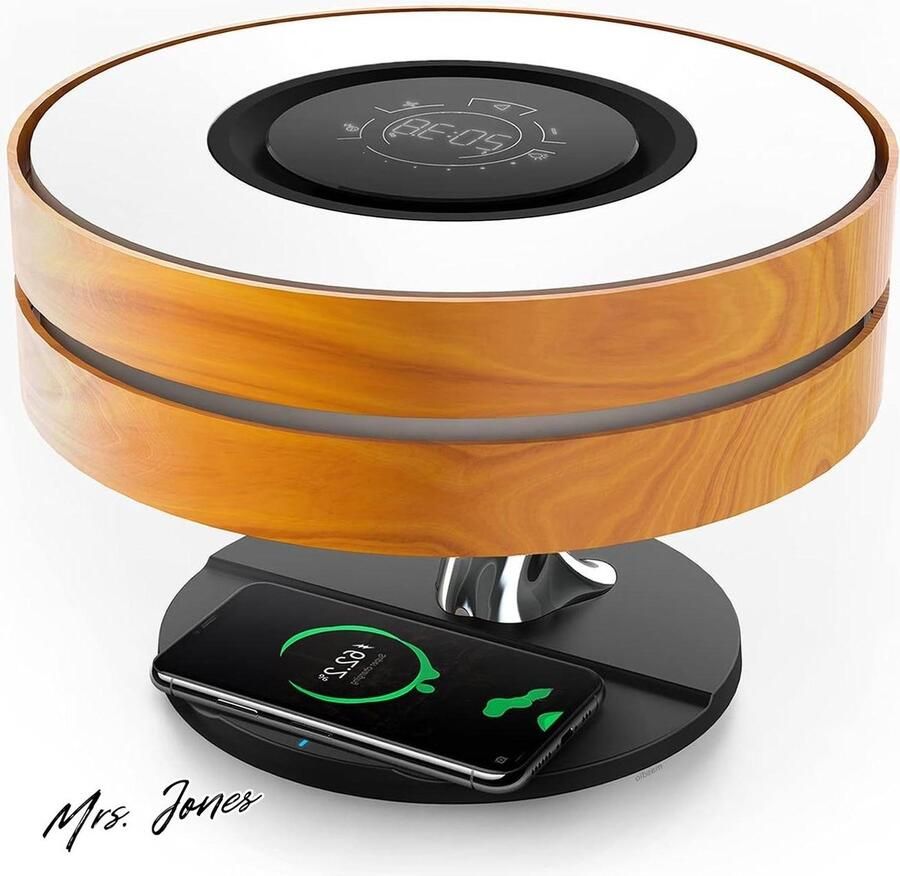Mrs. Jones Horizon bedlamp met draadloze oplader en Bluetooth-luidspreker Sfeerlamp met digitale klok en slaapmodus voor nachtkastje